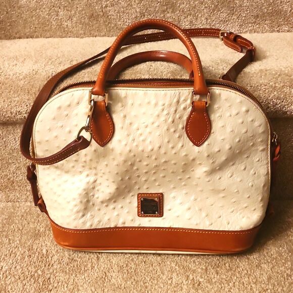 Dooney & Bourke Cream & Brown Ostrich-Inspired Leather Zip Satchel - Picture 1 of 16